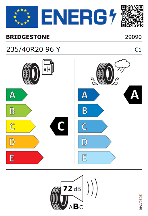Tyre Label for Bridgestone Potenza Sport Evo 235/40R20 96Y